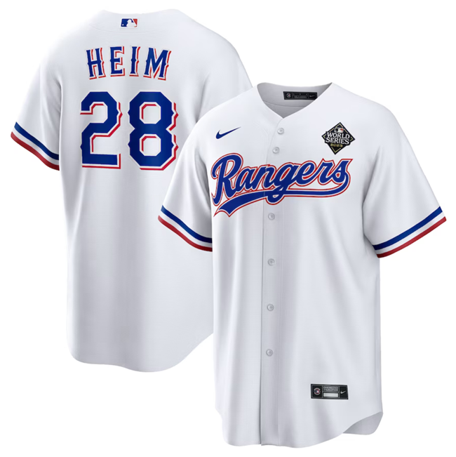 Men's Texas Rangers #28 Jonah Heim 2023 White World Series Stitched Baseball Jersey