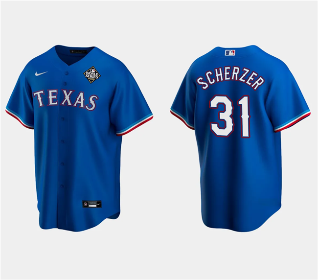 Men's Texas Rangers #31 Max Scherzer Royal 2023 World Series Stitched Baseball Jersey