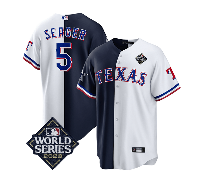 Men's Texas Rangers & Cowboys #5 Corey Seager Navy/White 2023 World Series Splite Stitched Baseball Jersey
