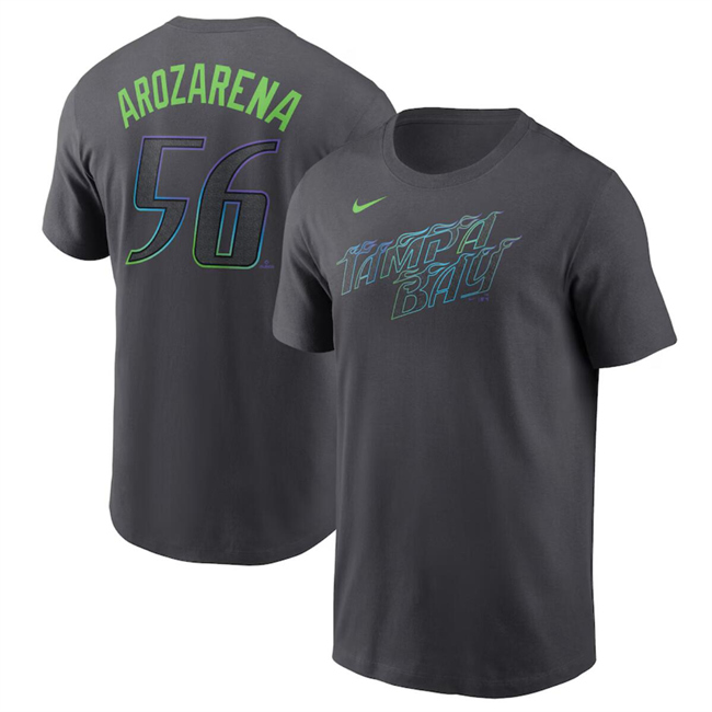 Men's Tampa Bay Rays #56 Randy Arozarena Charcoal 2024 City Connect Fuse Name & Number T-Shirt