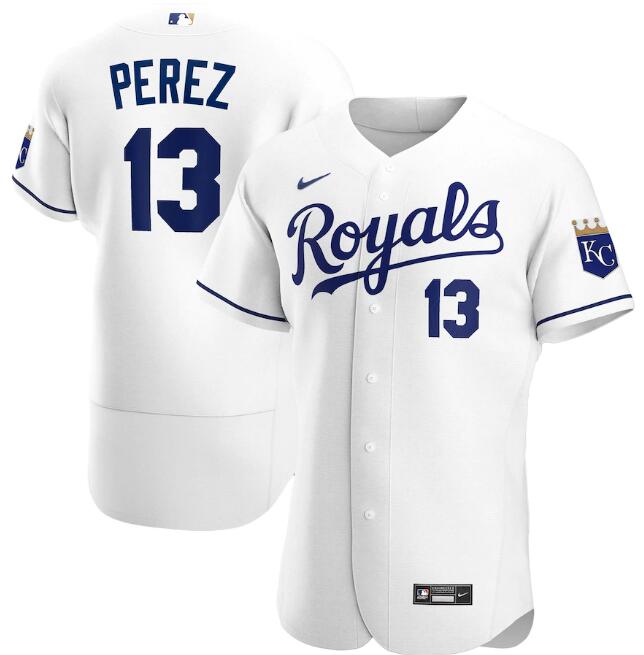 Men's Kansas City Royals #13 Salvador Perez White Flex Base Stitched Jersey