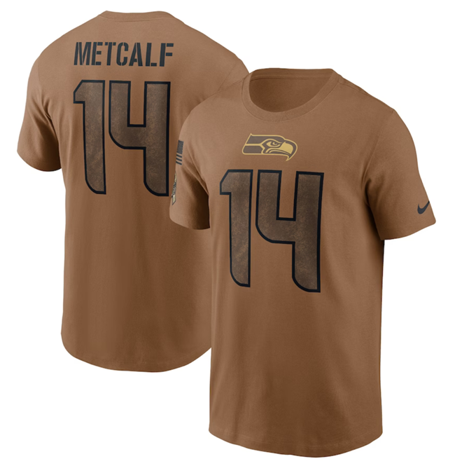 Men's Seattle Seahawks 14 DK Metcalf 2023 Brown Salute To Service Name & Number T-Shirt