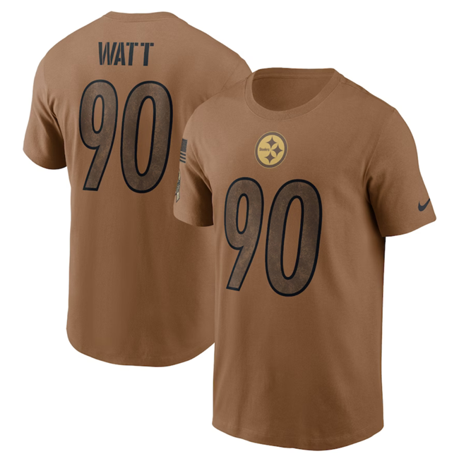 Men's Pittsburgh Steelers #90 T.J. Watt 2023 Brown Salute To Service Name & Number T-Shirt