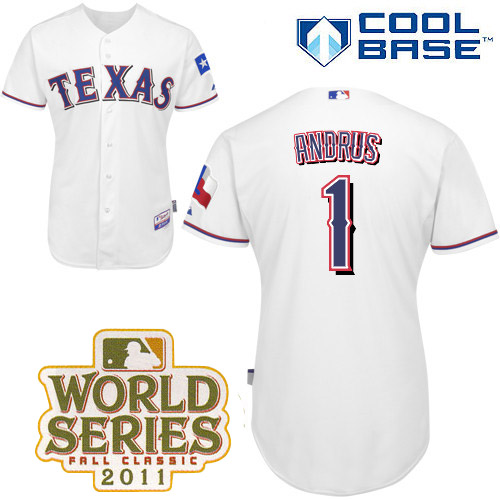 Rangers #1 Elvis Andrus White Cool Base 2011 World Series Patch Stitched MLB Jersey
