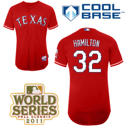 Rangers #32 Josh Hamilton Red Cool Base 2011 World Series Patch Stitched MLB Jersey