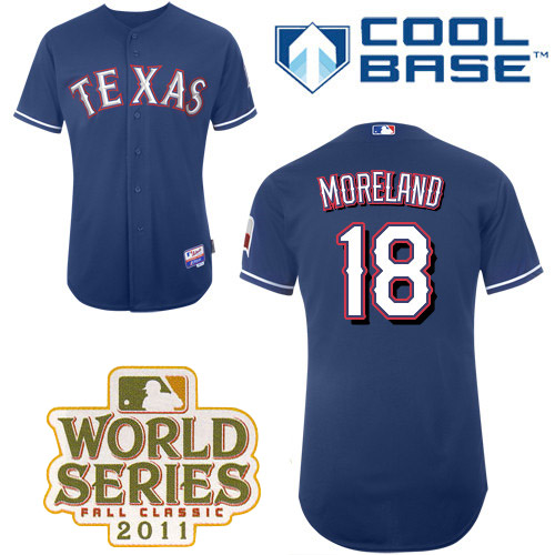 Rangers #18 Mitch Moreland Blue Cool Base 2011 World Series Patch Stitched MLB Jersey