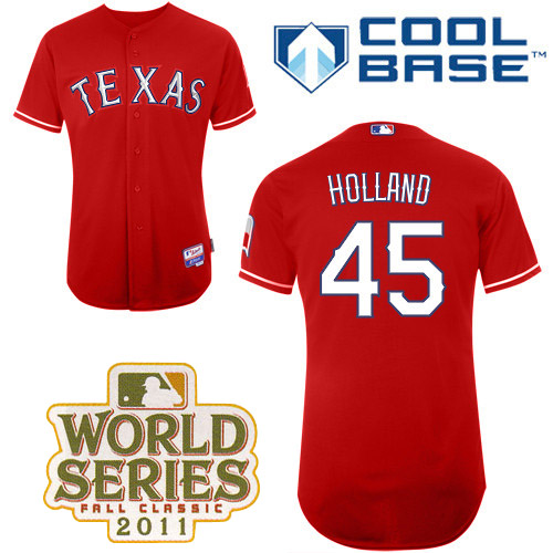 Rangers #45 Derek Holland Red Cool Base 2011 World Series Patch Stitched MLB Jersey