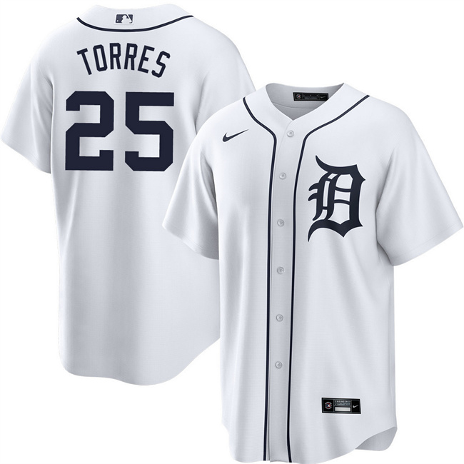 Men's Detroit Tigers #25 Gleyber Torres White Cool Base Stitched Baseball Jersey