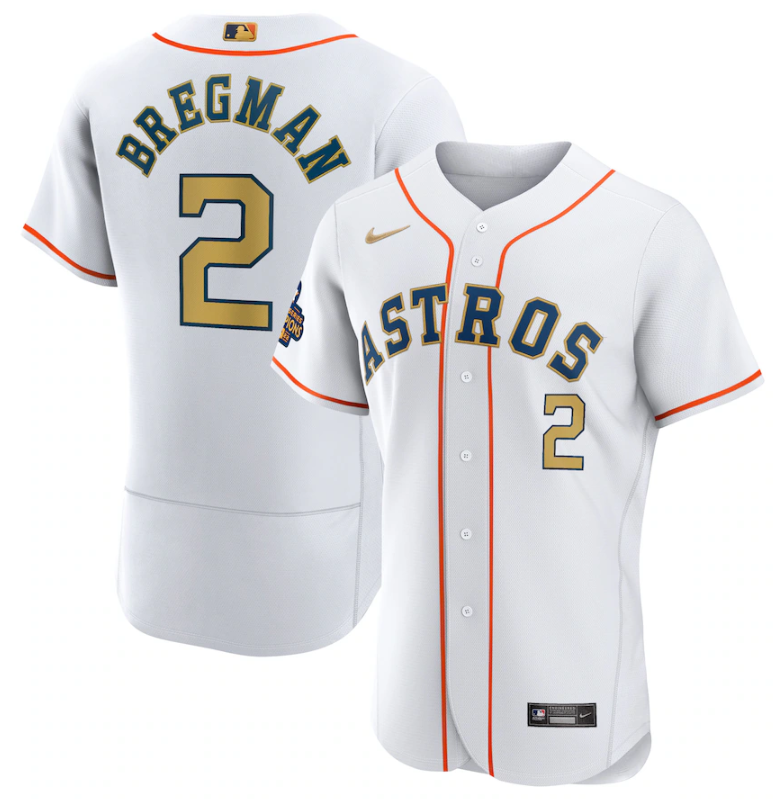 Men's Houston Astros #2 Alex Bregman White 2023 Gold Collection With World Serise Champions Patch Stitched Baseball Jersey