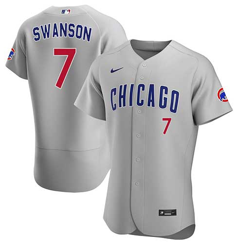 Men's Chicago Cubs #7 Dansby Swanson Grey Flex Base Stitched Baseball Jersey