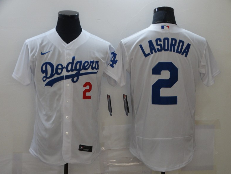 Men's Los Angeles Dodgers #2 Tommy Lasorda White Flex Base Sttiched Jersey