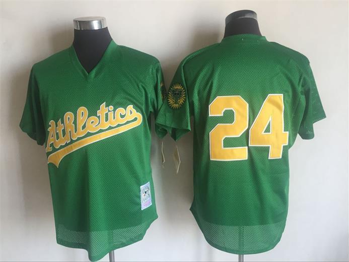 Men's Oakland Athletics #24 Rickey Henderson Mitchell And Ness Green 1998 Throwback Stitched MLB Jersey