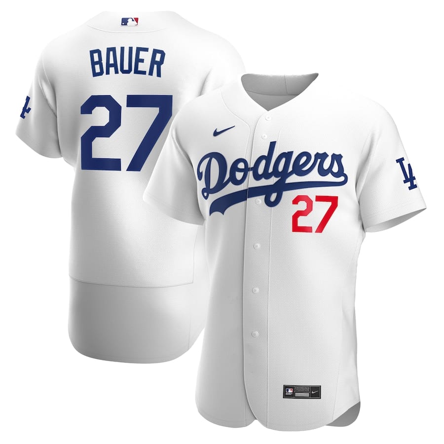 Men's Los Angeles Dodgers #27 Trevor Bauer White flex base Sttiched Jersey