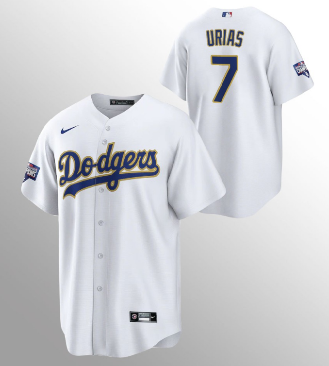 Men's Los Angeles Dodgers #7 Julio Urias White Champions Patch Gold Program Cool Base Stitched Jersey