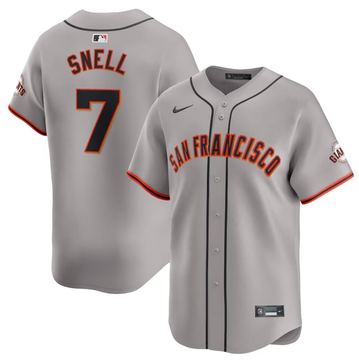 Men's San Francisco Giants #7 Blake Snell Grey 2024 Away Limited Stitched Baseball Jersey