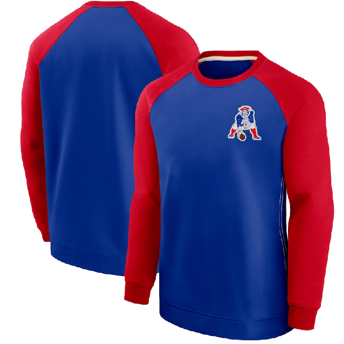 Men's New England Patriots Blue/Red Historic Raglan Crew Performance Sweater