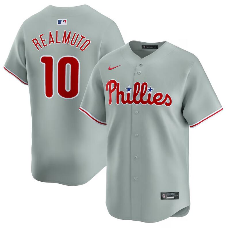 Men's Philadelphia Phillies #10 J.T. Realmuto Grey 2024 Away Limited Stitched Jersey