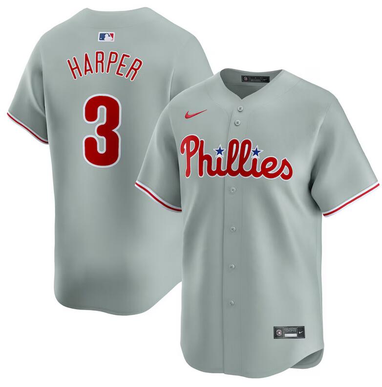 Men's Philadelphia Phillies #3 Bryce Harper Grey 2024 Away Limited Stitched Jersey