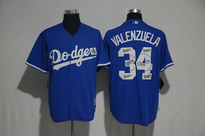 Men's Los Angeles Dodgers #34 Fernando Valenzuela Blue Team Logo Print Cool Base Stitched MLB Jersey
