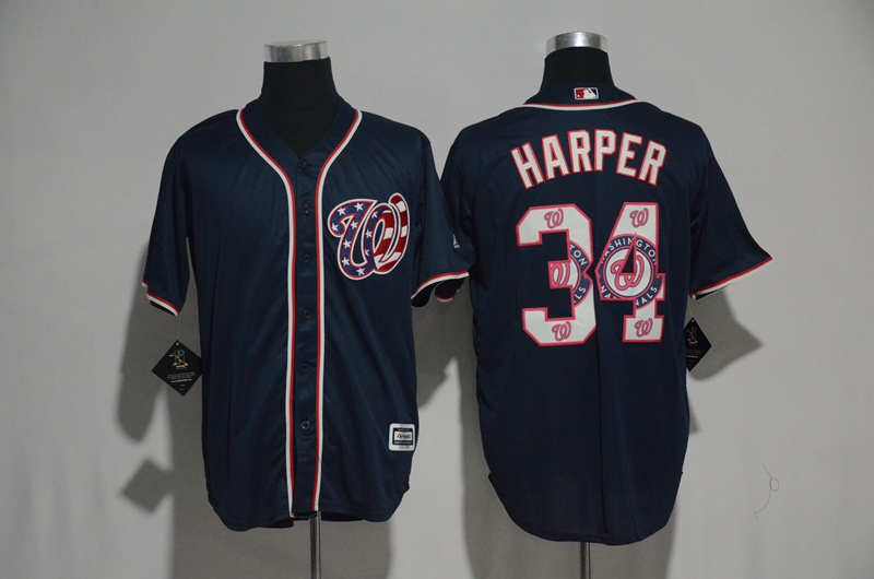 Men's Washington Nationals #34 Bryce Harper Navy Team Logo Print Cool Base Stitched MLB Jersey