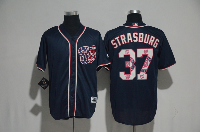 Men's Washington Nationals #37 Stephen Strasburg Navy Team Logo Print Cool Base Stitched MLB Jersey