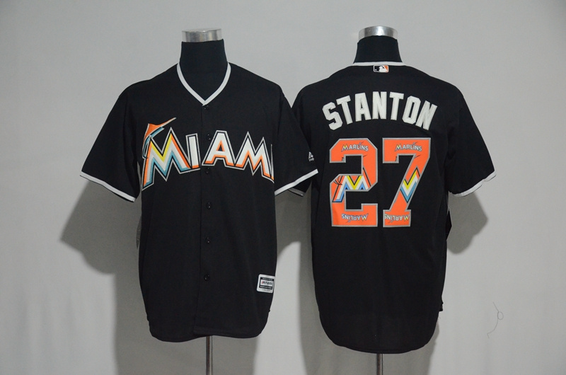 Men's Miami Marlins #27 Giancarlo Stanton Black Team Logo Print Cool Base Stitched MLB Jersey