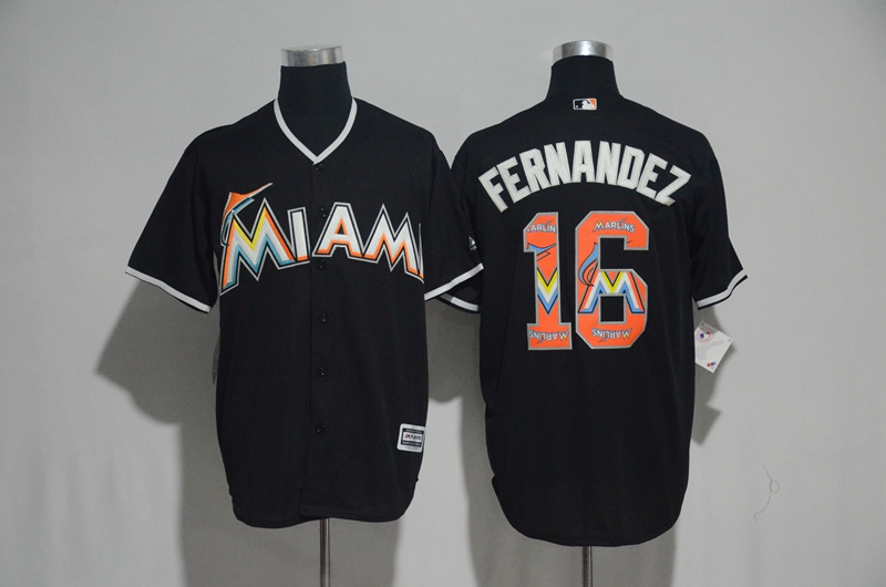 Men's Miami Marlins #16 Jose Fernandez Black Team Logo Print Cool Base Stitched MLB Jersey