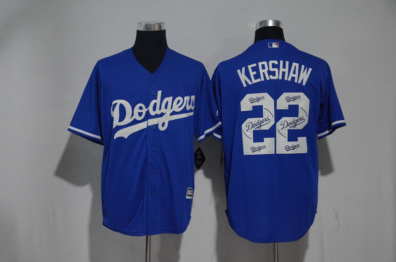 Men's Los Angeles Dodgers #22 Clayton Kershaw Blue Team Logo Print Cool Base Stitched MLB Jersey
