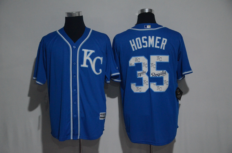 Men's Kansas City Royals #35 Eric Hosmer Blue Team Logo Print Cool Base Stitched MLB Jersey