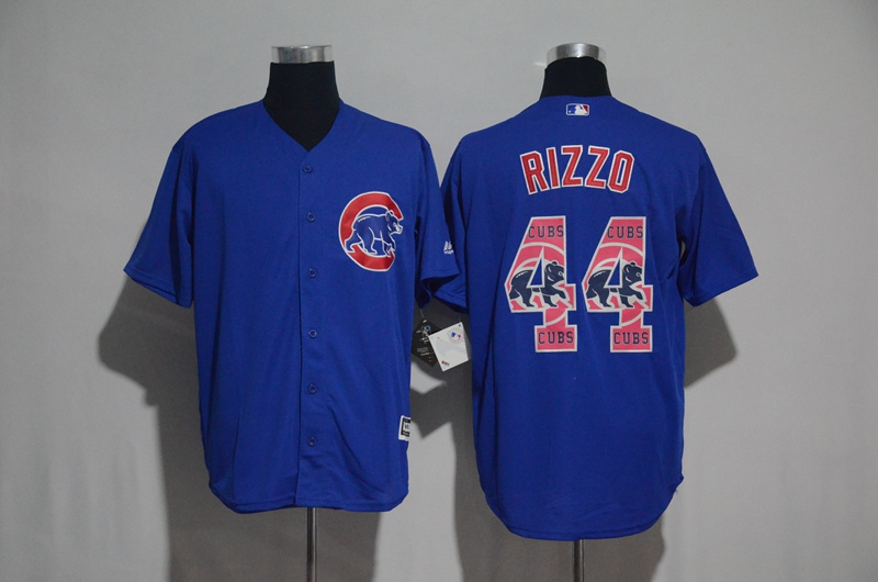 Men's Chicago Cubs #44 Anthony Rizzo Blue Team Logo Print Cool Base Stitched MLB Jersey