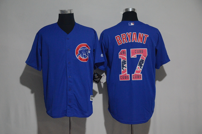 Men's Chicago Cubs #17 Kris Bryant Blue Team Logo Print Cool Base Stitched MLB Jersey
