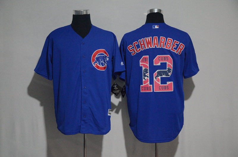 Men's Chicago Cubs #12 Kyle Schwarber Blue Team Logo Print Cool Base Stitched MLB Jersey