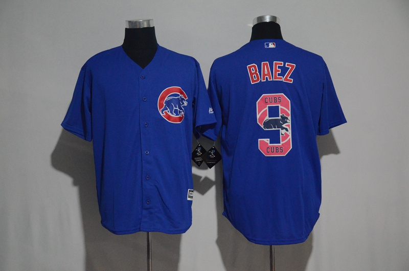 Men's Chicago Cubs #9 Javier Baez Blue Team Logo Print Cool Base Stitched MLB Jersey