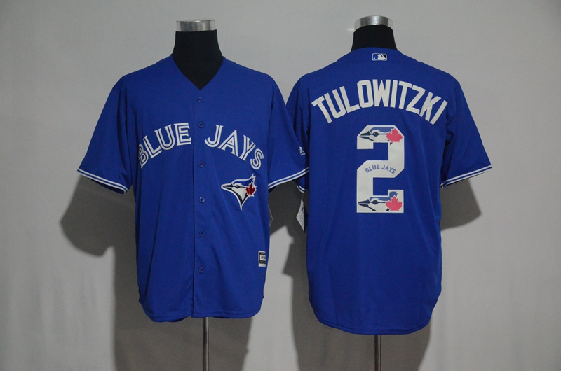 Men's Toronto Blue Jays #2 Troy Tulowitzki Blue Team Logo Print Cool Base Stitched MLB Jersey