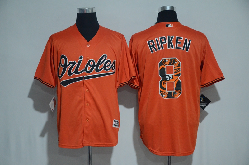 Men's Baltimore Orioles #8 Cal Ripken Orange Team Logo Print Cool Base Stitched MLB Jersey