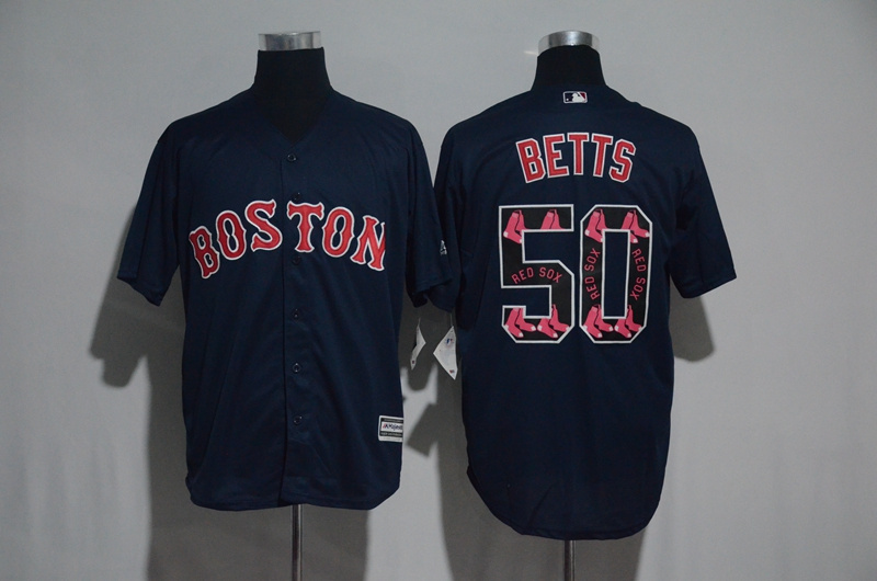 Men's Boston Red Sox #50 Mookie Betts Navy Team Logo Print Cool Base Stitched MLB Jersey