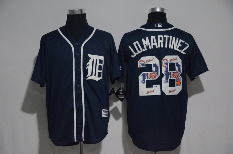 Men's Detroit Tigers #28 J. D. Martinez Navy Team Logo Print Cool Base Stitched MLB Jersey