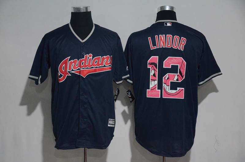 Men's Cleveland Indians #12 Francisco Lindor Navy Blue Team Logo Print Cool Base Stitched MLB Jersey