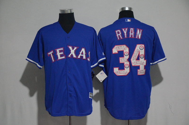 Men's Texas Rangers #34 Nolan Ryan Blue Team Logo Print Cool Base Stitched MLB Jersey