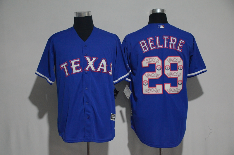 Men's Texas Rangers #29 Adrian Beltre Blue Team Logo Print Cool Base Stitched MLB Jersey
