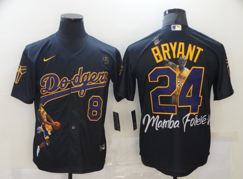 Men's Los Angeles Dodgers Front #8 Back #24 Kobe Bryant Black With KB Patch Cool Base Stitched Jersey