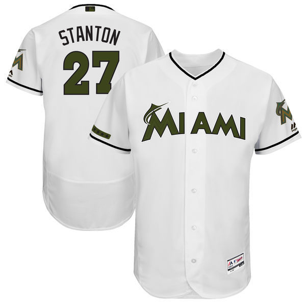 Men's Miami Marlins #27 Giancarlo Stanton Majestic White 2017 Memorial Day Authentic Collection Flex Base Player Stitched MLB Jersey