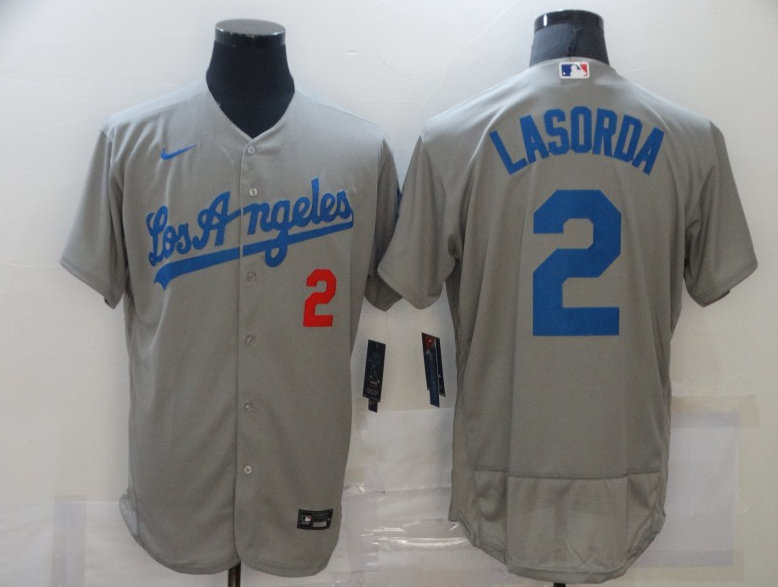 Men's Los Angeles Dodgers #2 Tommy Lasorda Grey Flex Base Sttiched Jersey