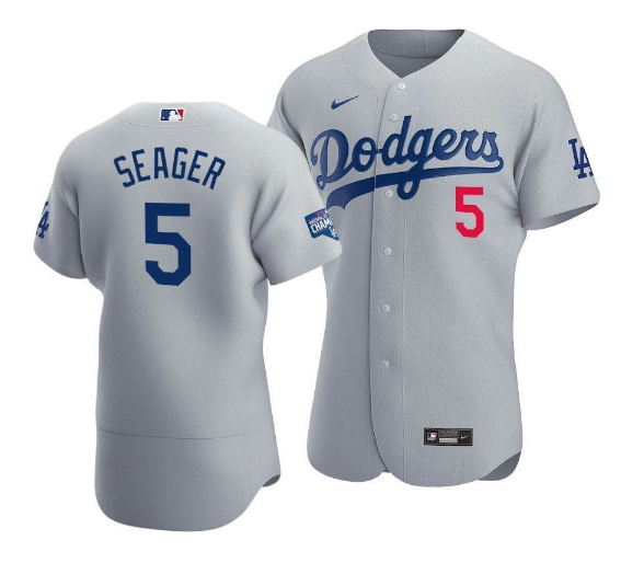 Men's Los Angeles Dodgers #5 Corey Seager 2020 Grey World Series Champions Patch Flex Base Sttiched Jersey