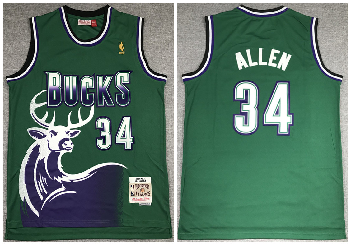 Men's Milwaukee Bucks #34 Ray Allen 1996-1997 Green Throwback Stitched Jersey