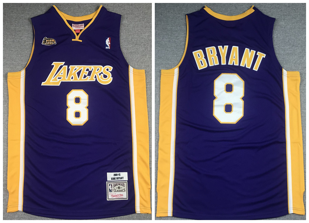 Men's Los Angeles Lakers #8 Kobe Bryant Purple NBA Final 2000-2001 Throwback Stitched Jersey