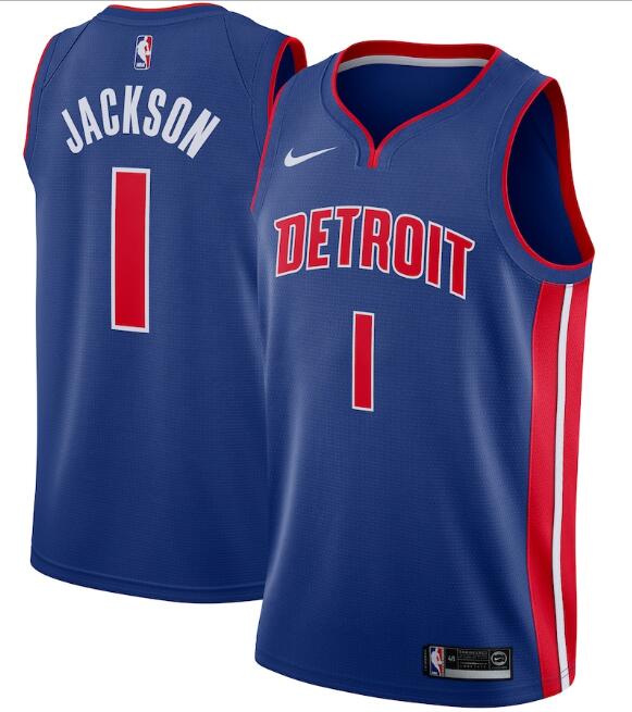 Men's Detroit Pistons #1 Reggie Jackson Blue Icon Edition Stitched Swingman Jersey