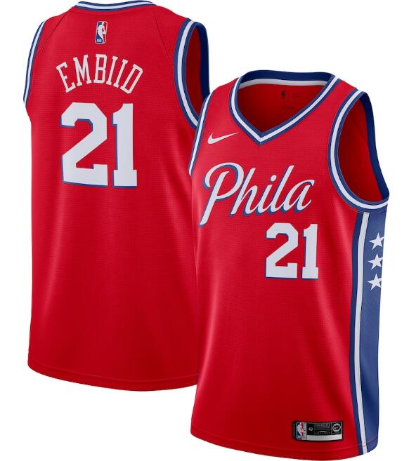 Men's Philadelphia 76ers #21 Joel Embiid Red Statement Edition Stitched Swingman Jersey