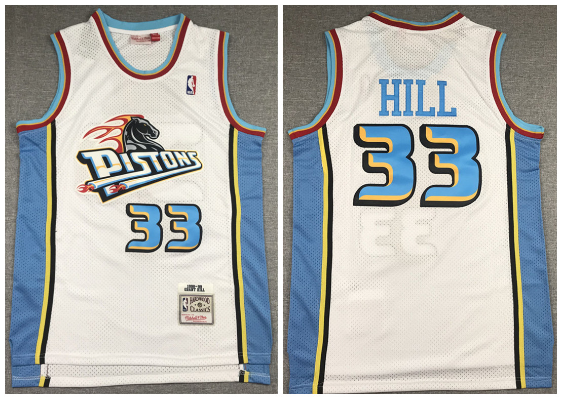 Men's Detroit Pistons #33 Grant Hill 1998-99 White Throwback Stitched Jersey
