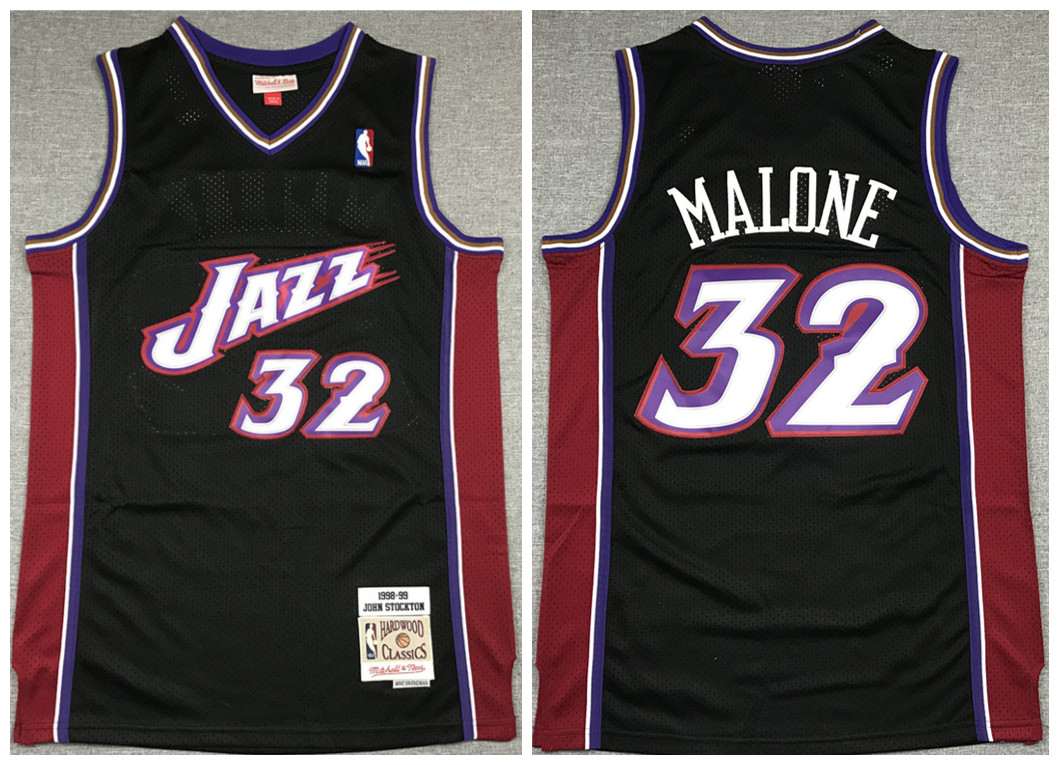 Men's Utah Jazz #32 Karl Malone Black 1998-99 Throwback Stitched Jersey